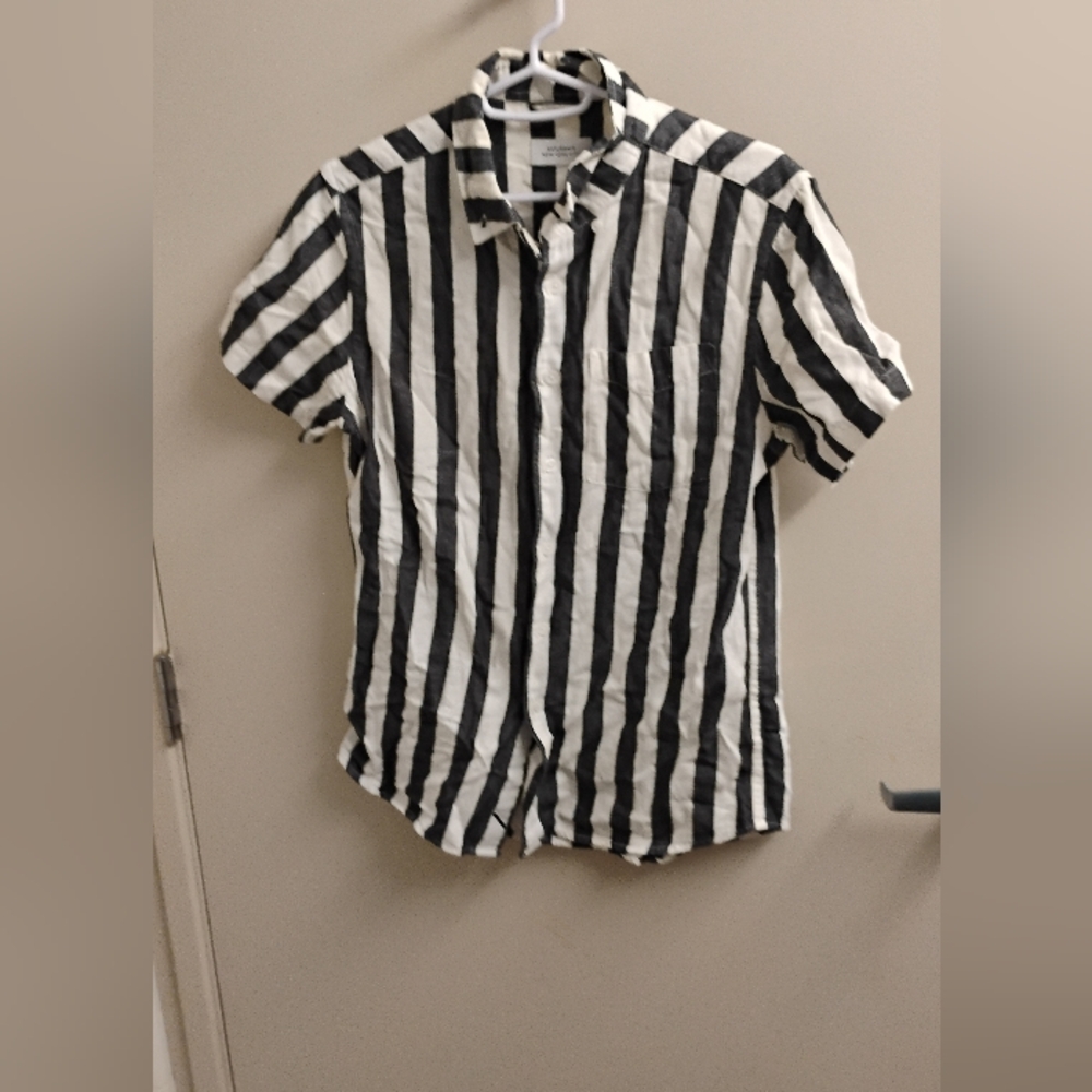 Saturdays New York City Striped  Linen Cotton Short Sleeve Button Down Shirt